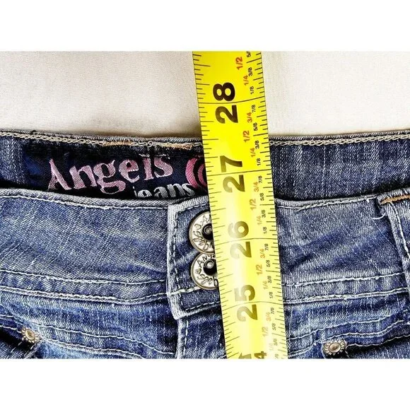 Angels Jeans Size 13 Juniors Women's Blue Cropped Capri Ramie Blend Logo Denim - Picture 10 of 11